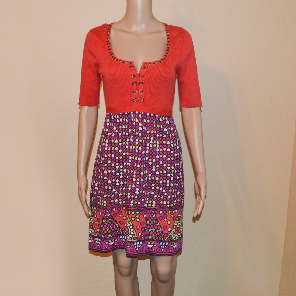 NANETTE LEPORE Red Ribbed Top & Geometric Skirt Tie Back Knit Dress
